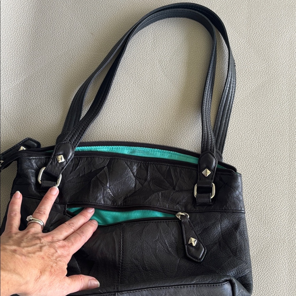 Black Stone Mountain Leather Handbag with Bright Teal  Interior
